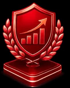 Red shield with upward graph and laurel wreath, symbolizing growth and achievement.