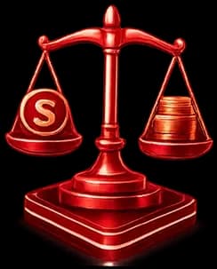 Red balance scale with a dollar symbol on one side and stacked coins on the other, representing financial balance