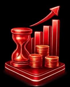 Red hourglass, coins, and rising bar graph with arrow symbolize time, money, and growth.