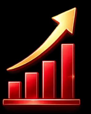 Red bar chart with a rising gold arrow, symbolizing growth and success. Bars increase in height from left to right.
