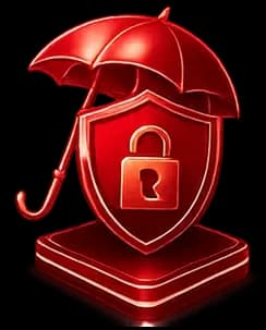 Red shield with a lock symbol under an umbrella, symbolizing protection and security. The image conveys safety and defense