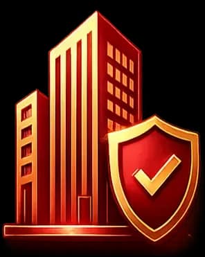 Red skyscrapers with a gold shield and checkmark, symbolizing security and protection. Bright, bold colors emphasize safety.