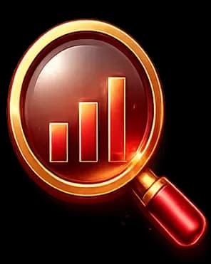 A magnifying glass highlights a red bar graph with three ascending bars, symbolizing data analysis and growth insights.