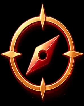 A red and gold compass icon with a central needle, surrounded by a circular frame with four cardinal points, on a black background.