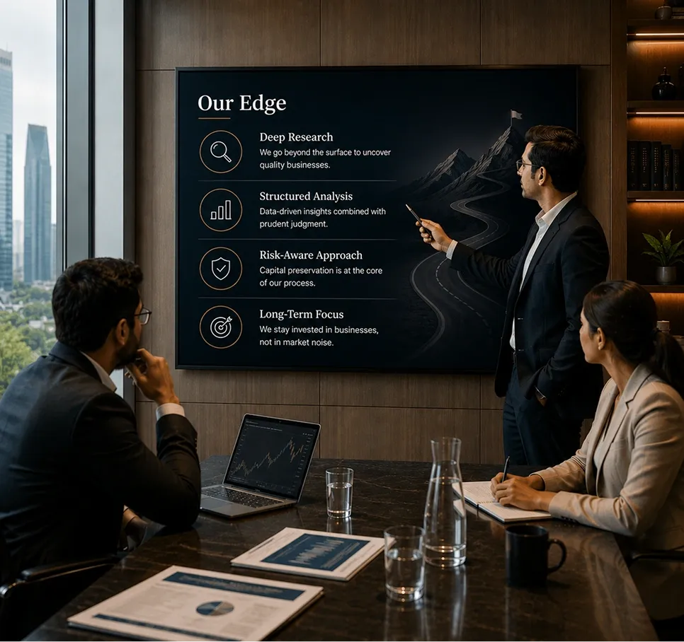 Business meeting with a man presenting "Our Edge" strategies on a screen, focusing on research, analysis, risk, and long-term goals.