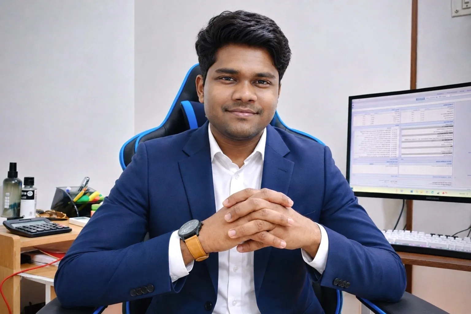 Professional man in navy blazer and white shirt sitting at desk with computer monitor, wearing tan watch and smiling at camera.