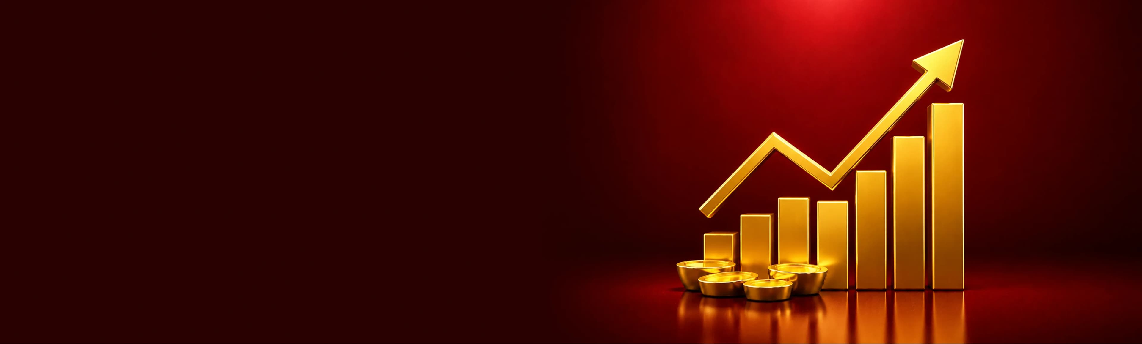 Gold bars and coins with an upward arrow on a red background, symbolizing financial growth and investment success.