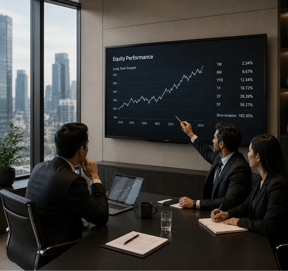 Business meeting with three professionals analyzing a graph on a screen showing equity performance and growth trends.