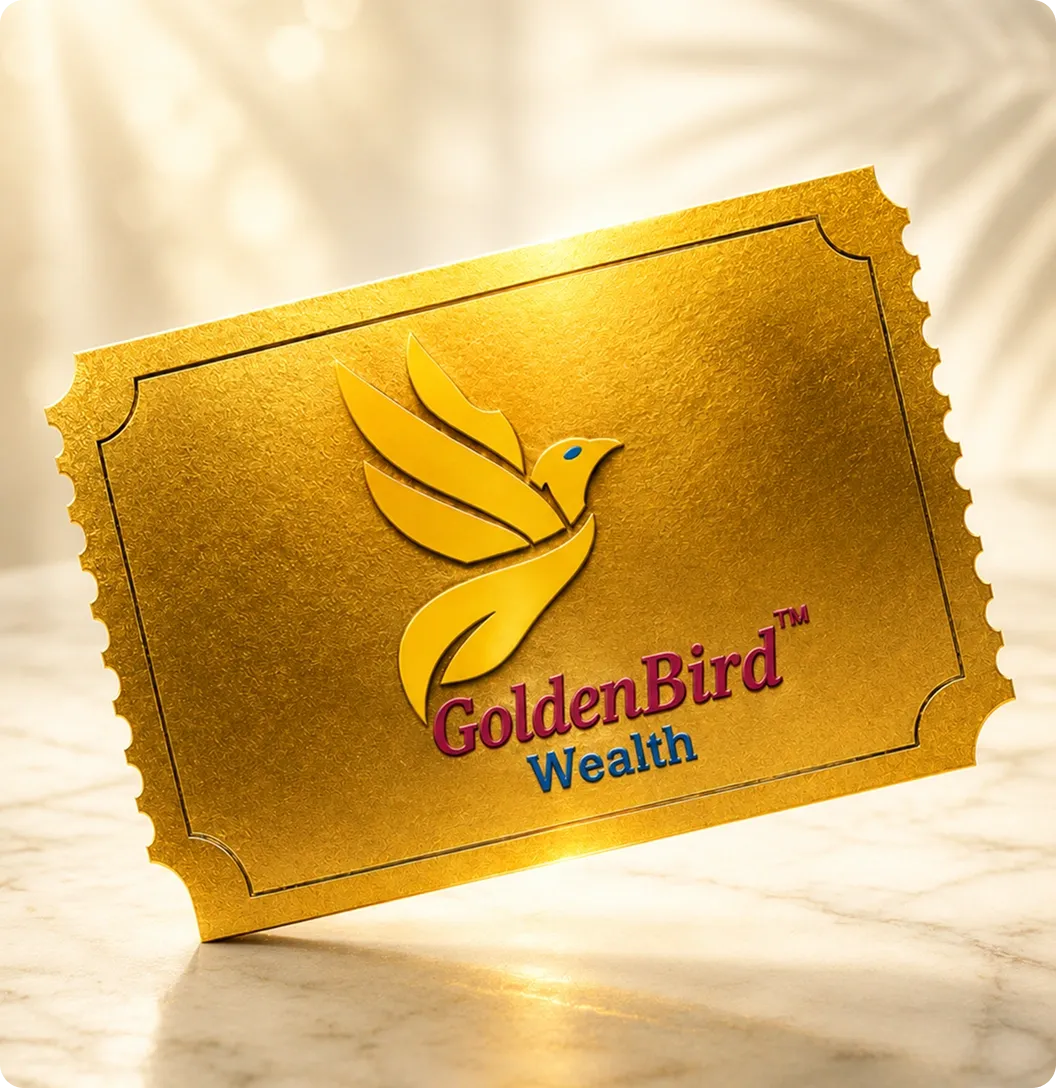 A gold card featuring the logo of GoldenBird Wealth, which includes a stylized bird and the company name in purple text.